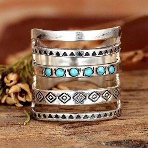 Turquoise Antique Silver Mosaic Stacked Ring